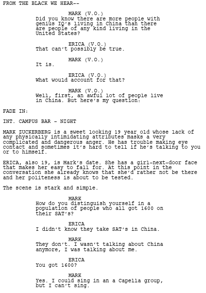 first page of the script of The Social Network