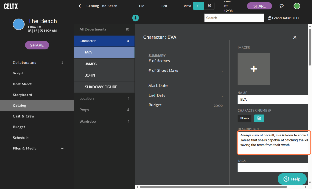 this screenshot shows a sub-window where you can add even more details about your character to your production catalog
