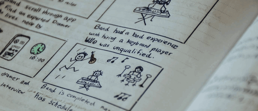 A hand drawn storyboard - each frame shows people in a band playing instruments.