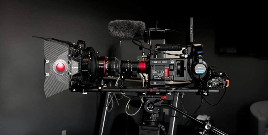 A very large, very professional looking film camera.