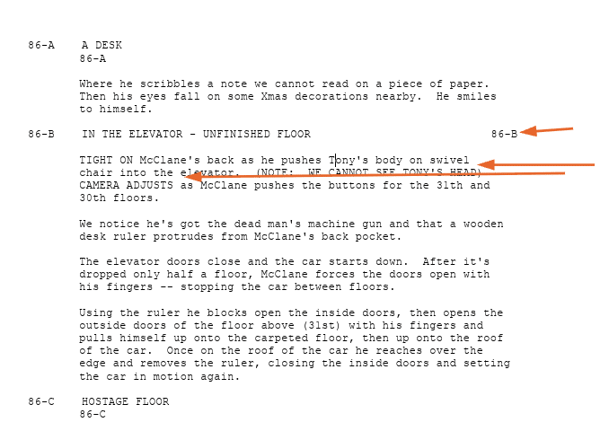 The shooting script for the film Die Hard. Camera directions are pointed out with red arrows.