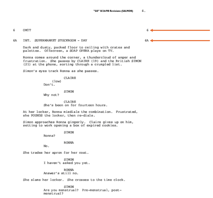 scene changes indicated on the shooting script for Go