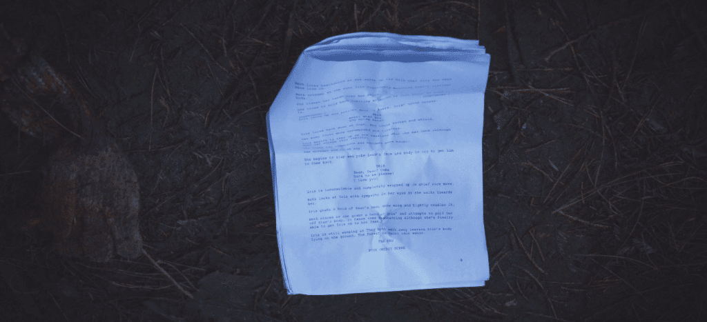 a printed screenplay, folded open to the 9th page, slightly crumpled, lying on some muddy grass.