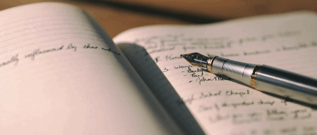 An open notebook with pen handwriting and a modern style quill type pen.