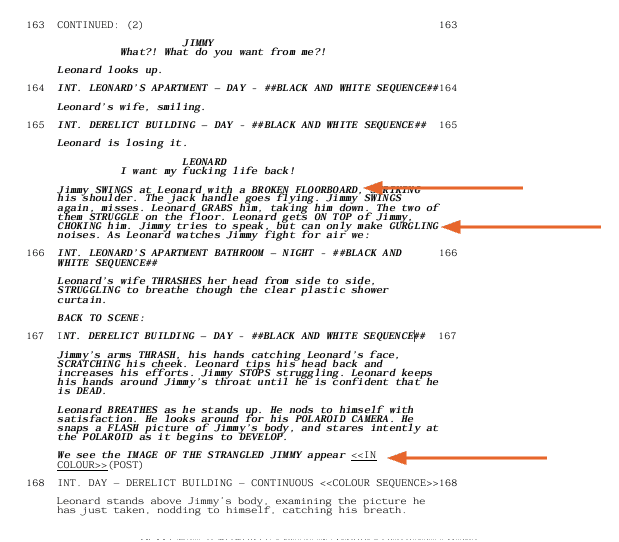 Production notes added to the shooting script for Memento