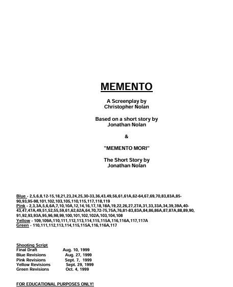 The spec script of the film Memento