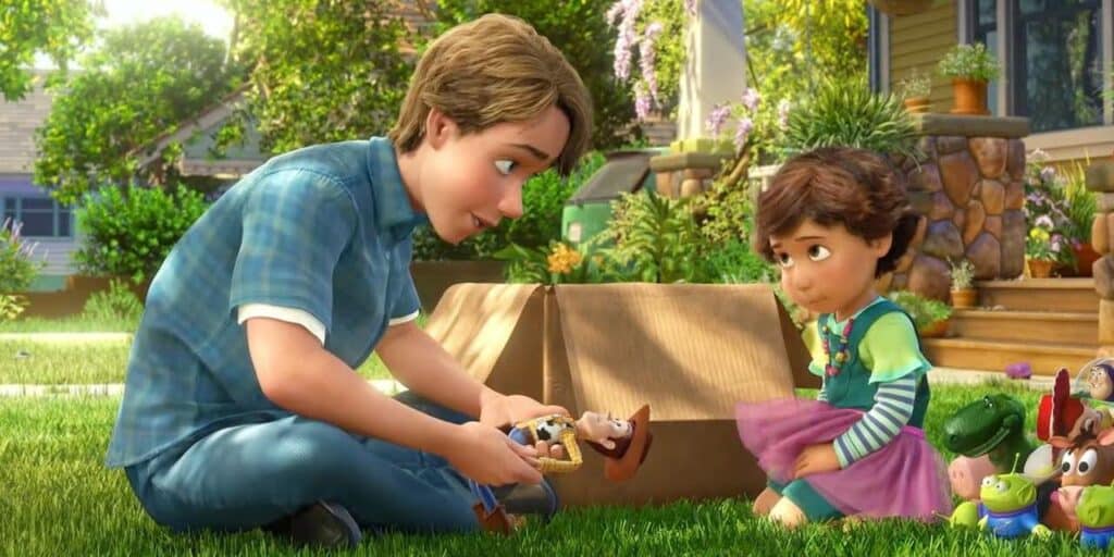 The resolution of Toy Story 3 is when Andy gives away all of his toys to Bonnie (shown in a screen grab here)