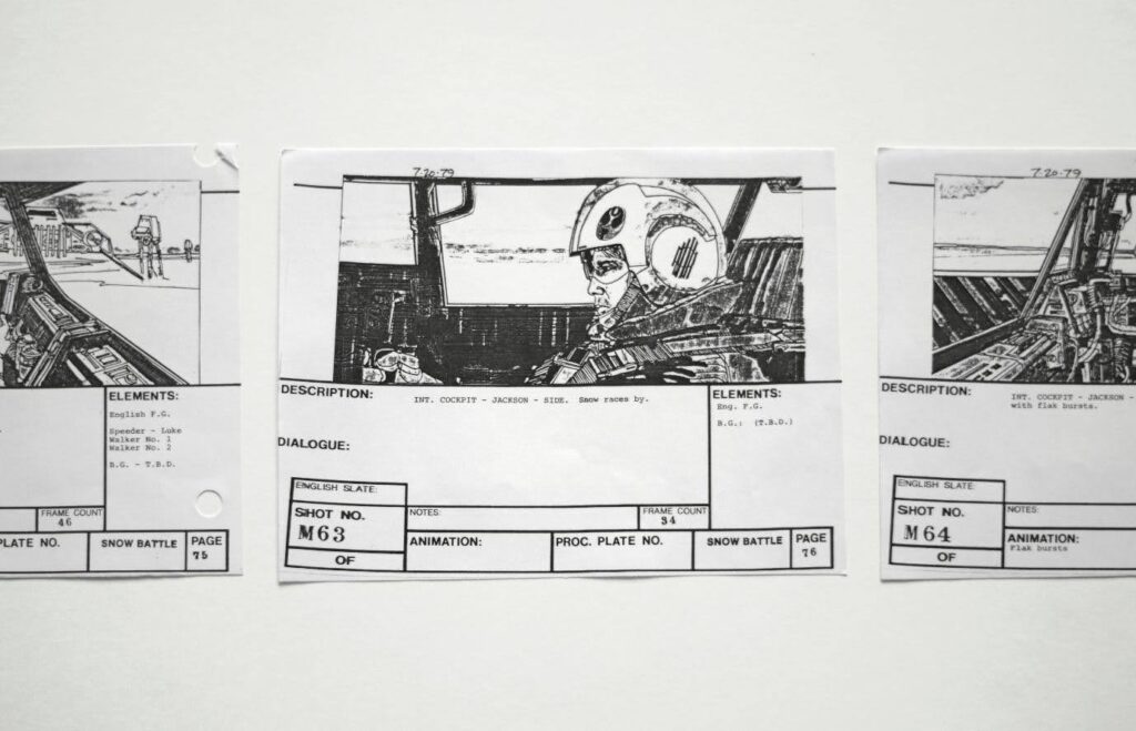 a hand drawn storyboard - looks like a man in a cockpit of a car or airplane