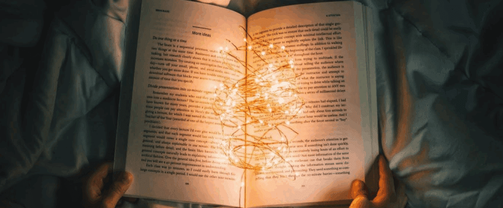An open book filled with fairy lights
