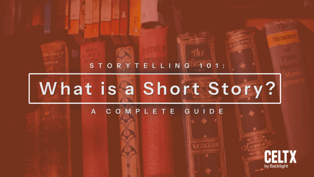 A graphic that shows a background of published short story books with overlaid text that reads: STORYTELLING 101: What is a short story? A COMPLETE GUIDE