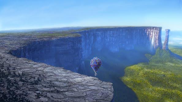 Carl and Ellie's house rising over Paradise Falls with balloons in Disney/Pixar's Up