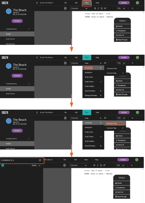 Four sequential screenshots showing how to leave comments using Celtx so you can leave notes on your short film script.