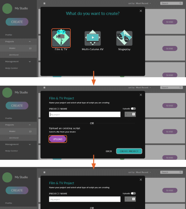 Three photos in sequence showing how to use the free celtx short film template in your celtx studio. Top shows choosing "film and tv editor" middle shows how you upload your project, third - name it!