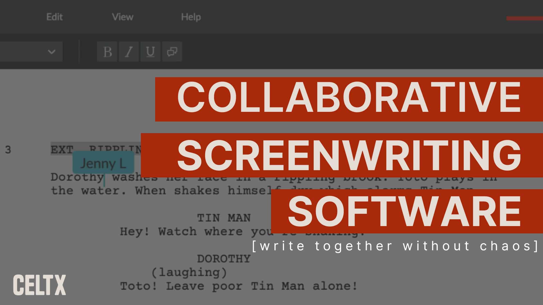 banner graphic that has a photo of a script in celtx with comments (collaboration) and a title: Collaborative screenwriting software (write together without chaos) +n the celtx logo
