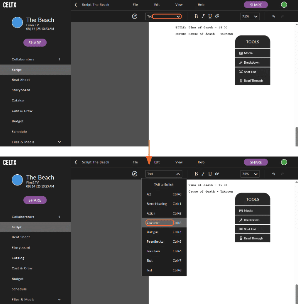 two sequential screenshots of the Celtx dashboard showing you how to select the tab to choose what format you'd like (this one has "character" highlighted)