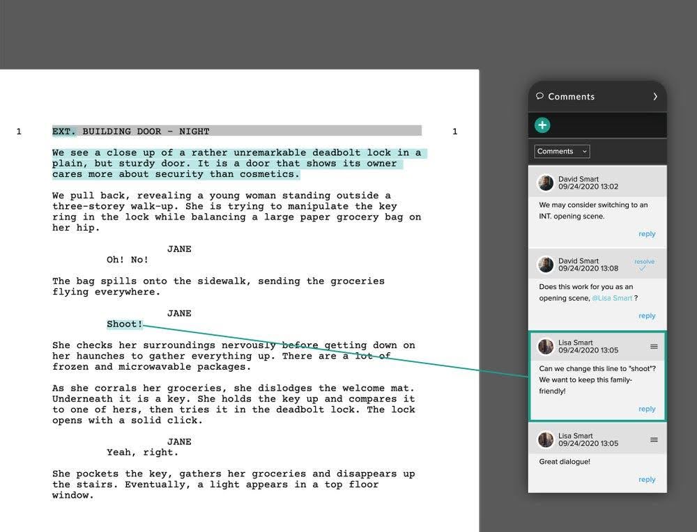 screenshot of a Celtx studio with comments from collaborators open.

Try Celtx for free today