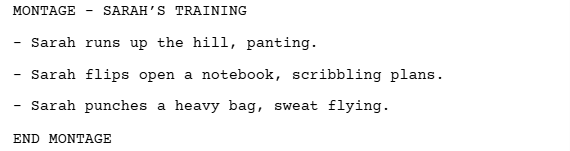 how a montage is formatted in a movie script

MONTAGE - SARAH'S TRAINING
- Sarah runs up the hill, panting
- Sarah flips open a notebook, scribbling plans
- Sarah punches a heavy bag, sweat flying.

END MONTAGE