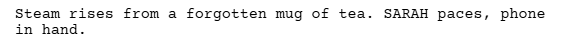 The action line of a short film script. It reads:

Steam rises from a forgotten mug of tea. SRAH paces, phone in hand.