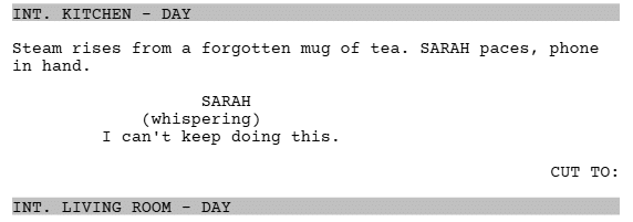 short film script excerpt showing the proper format of transitions.

This one shows: CUT TO:
INT. LIVING ROOM - DAY