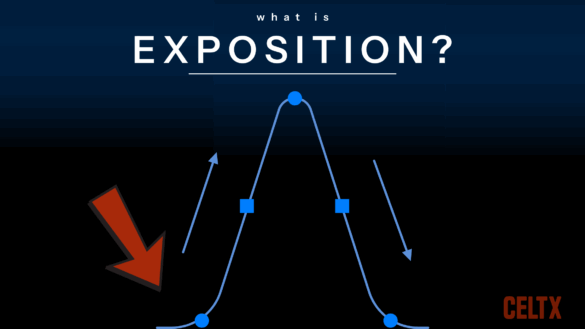 A graphic with a story arc on it and an arrow pointing to the beginning. It has words that read "What is Exposition?"
