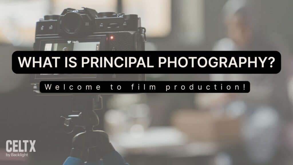 A graphic showing a camera filming someone with the words "What is principal photography? welcome to film production!" in text boxes on the top layer.