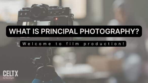 A graphic showing a camera filming someone with the words "What is principal photography? welcome to film production!" in text boxes on the top layer.