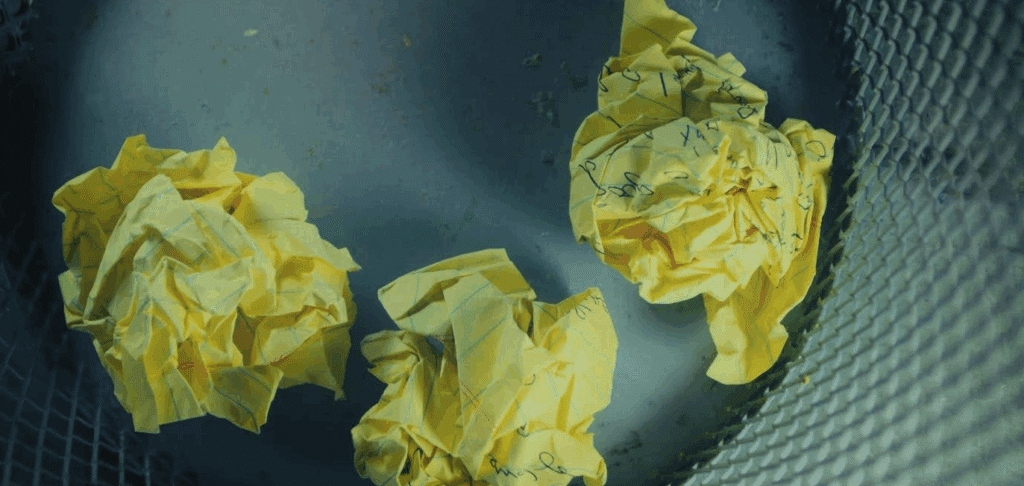 a waste bin with three crumpled up yellow pieces of paper in it.