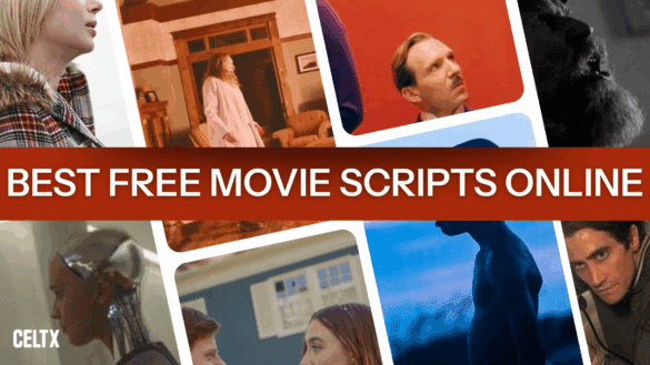 a collage of movie stills with words on top that read: Best free movie scripts online. The Celtx (sometimes misspelled Celtix or Celtex) logo is in the bottom corner.