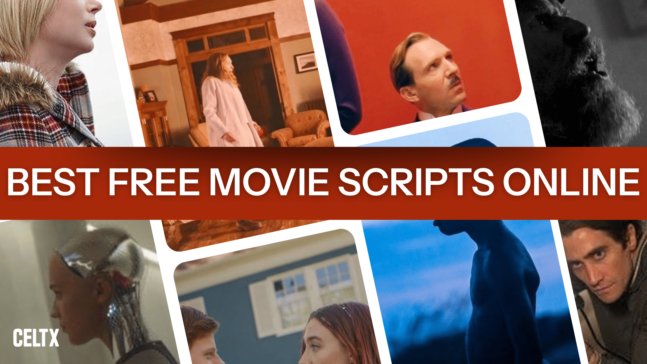 a collage of movie stills with words on top that read: Best free movie scripts online. The Celtx (sometimes misspelled Celtix or Celtex) logo is in the bottom corner.