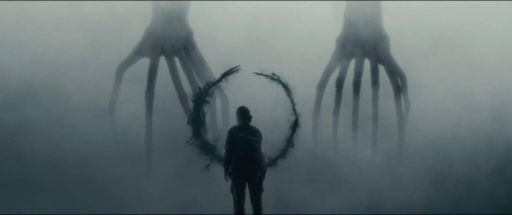 A still from the film Arrival - showing the alien language appear
