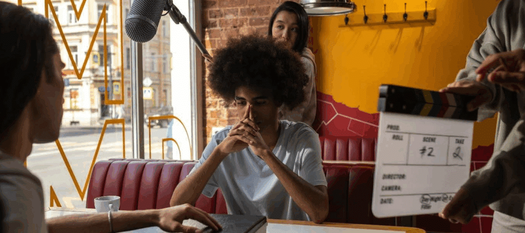 a scene being filmed in what appears to be a diner or restaurant. Two people sit at a table, a clapboard can be seen to the right, a microphone over the top of the booth
