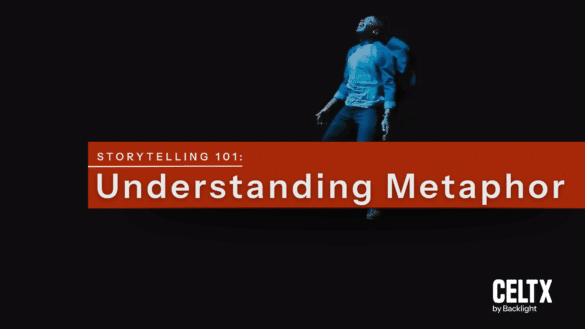 what is metaphor? banner graphic showing a still from The Sunken Place in "Get Out" with bold words that read: STORYTELLING 101: Understanding Metaphor. At the bottom right corner is the Celtx logo.