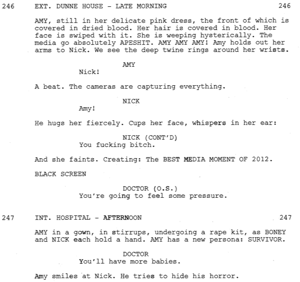 an excerpt from the script for the thriller movie Gone Girl. In it is Amy's return and how that is scripted