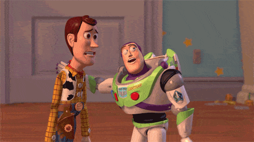 a gif of Woody & Buzz in the children's movie, Toy Story (Woody does not look amused)