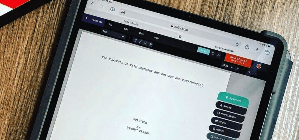 celtx screenwriting software open on a tablet to the first page of a script titled "survivor"