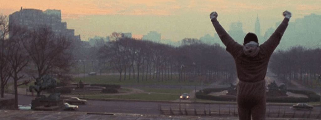 Rocky at the top of the steps during the famous training montage
