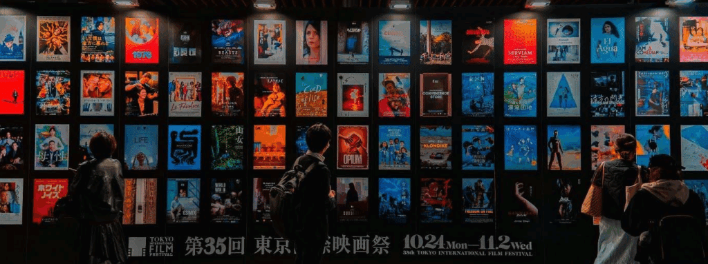 a wall-sized poster advertising the Tokyo Film Festival with people looking at what films will be showing.