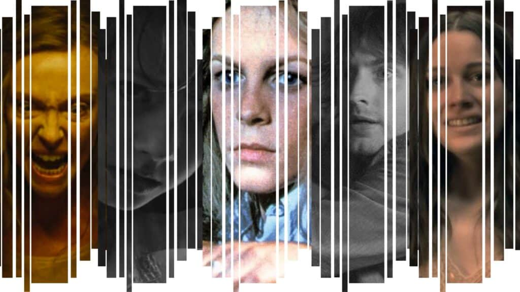 a collage of horror characters that represent different character archetypes in horror (final girl, the skeptic, the innocent)