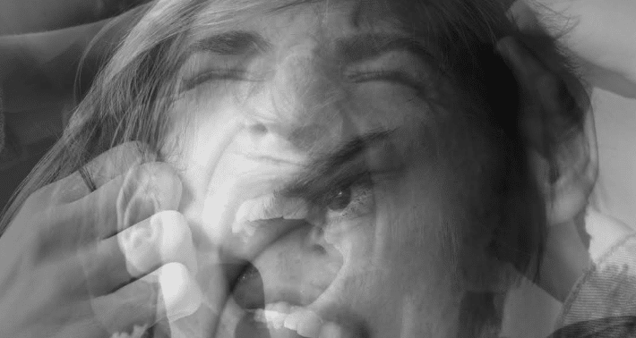 overlaid photos of someone in different emotional states - implying they are in a battle with themselves