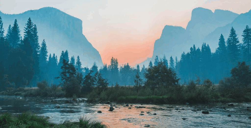 setting of a story

a landscape photo of sunset behind mountains, in the forefront is a rocky stream. Very pretty.