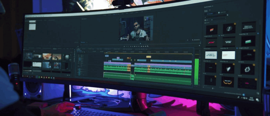 what is film editing

what appears to be film editing software opened on a large curved computer monitor