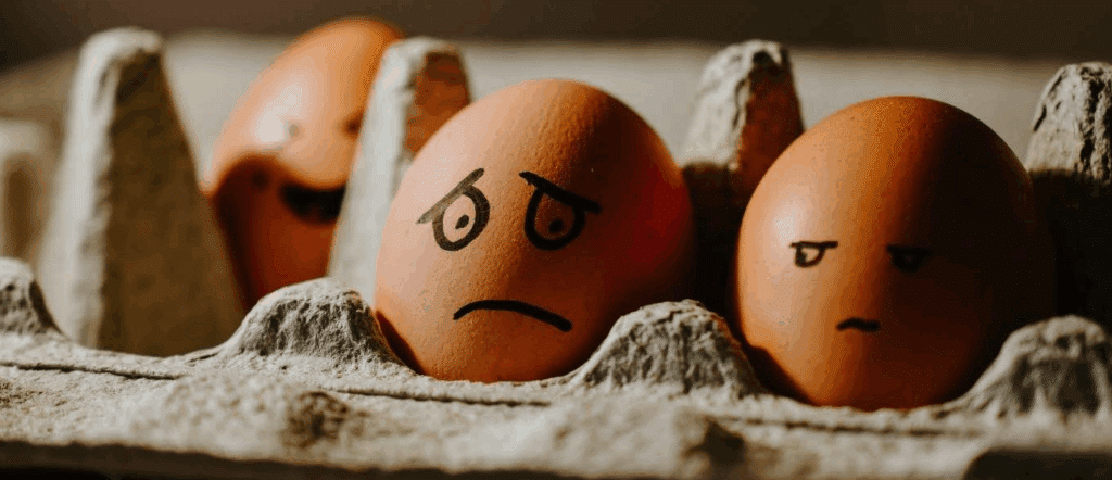 A carton of brown eggs with different faces/moods drawn on them in black sharpie