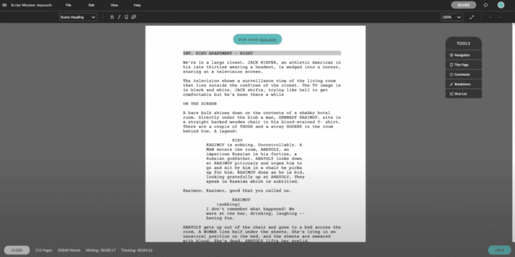 celtx screenwriting software with the script for "Mission Impossible" open