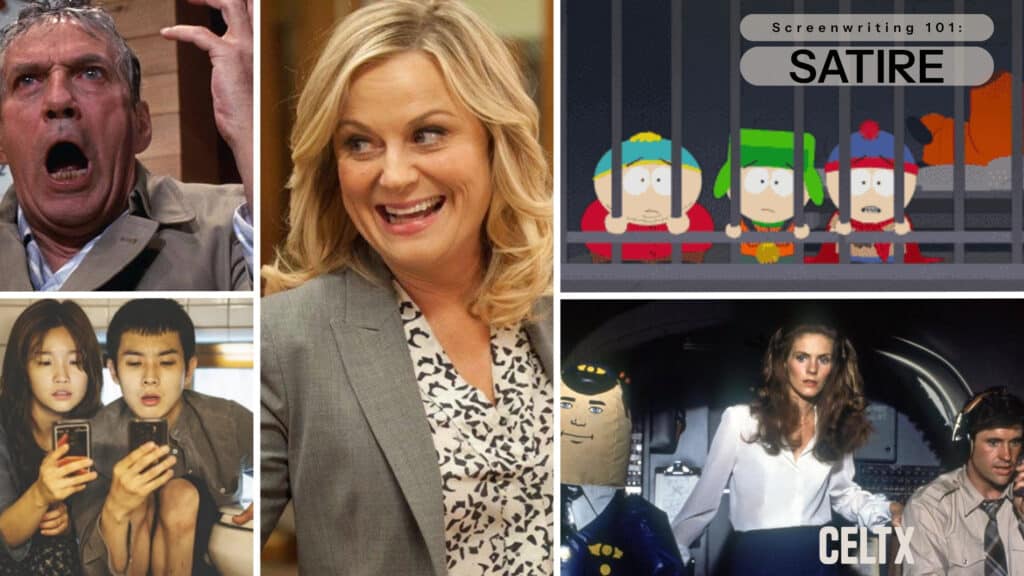 Banner graphic with a collage of photos from 5 different satire films and television shows. In the top right corner, text that reads, "screenwriting 101: Satire"
The Celtx logo is at the bottom right