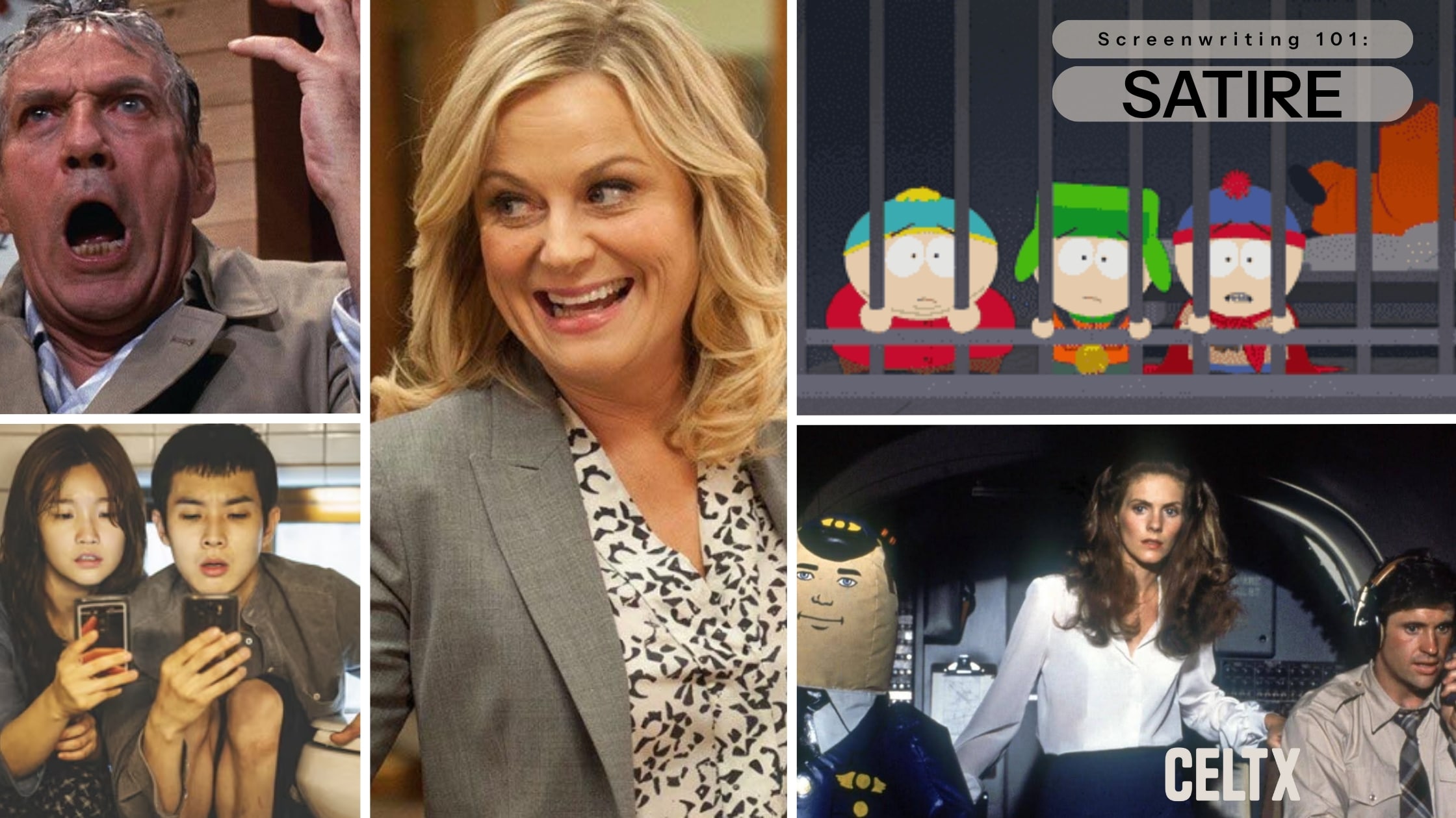Banner graphic with a collage of photos from 5 different satire films and television shows. In the top right corner, text that reads, "screenwriting 101: Satire" The Celtx logo is at the bottom right