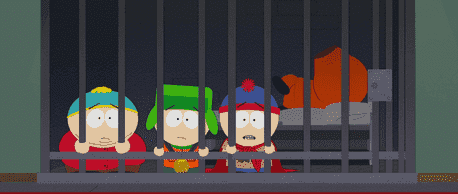 Cartman, Kyle, Stan, and Kenny in jail