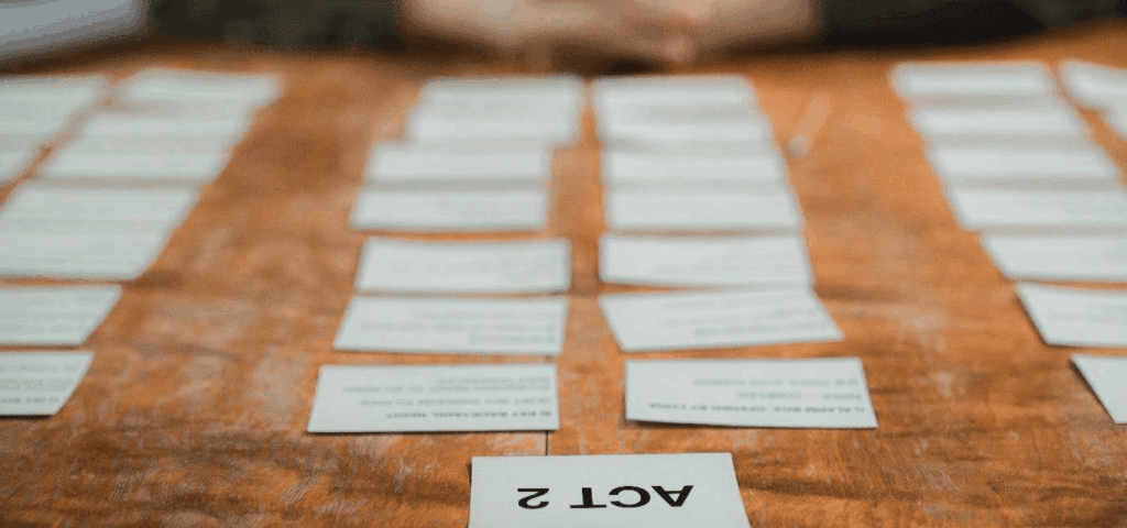 a line of index cards under one labeled "Act II"