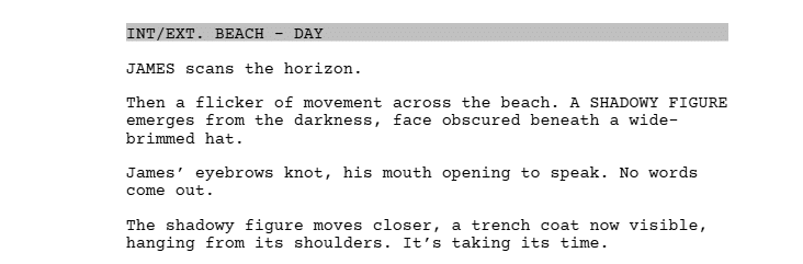 excerpt of a script written with Celtx showing the margins for action lines