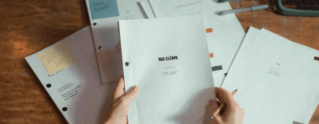 the title page of a screenplay titled "The Climb"
