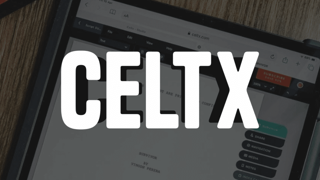 The Celtx logo over top a photo of Celtx screenwriting software on a tablet
